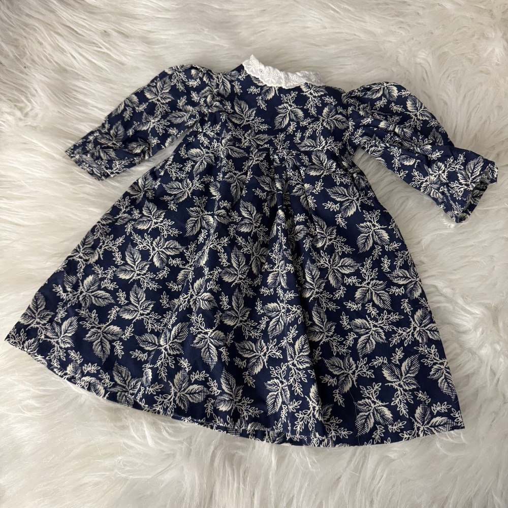 Vintage Blue Floral Doll Dress with Lace Collar 13.5" Doll Clothes Accessory